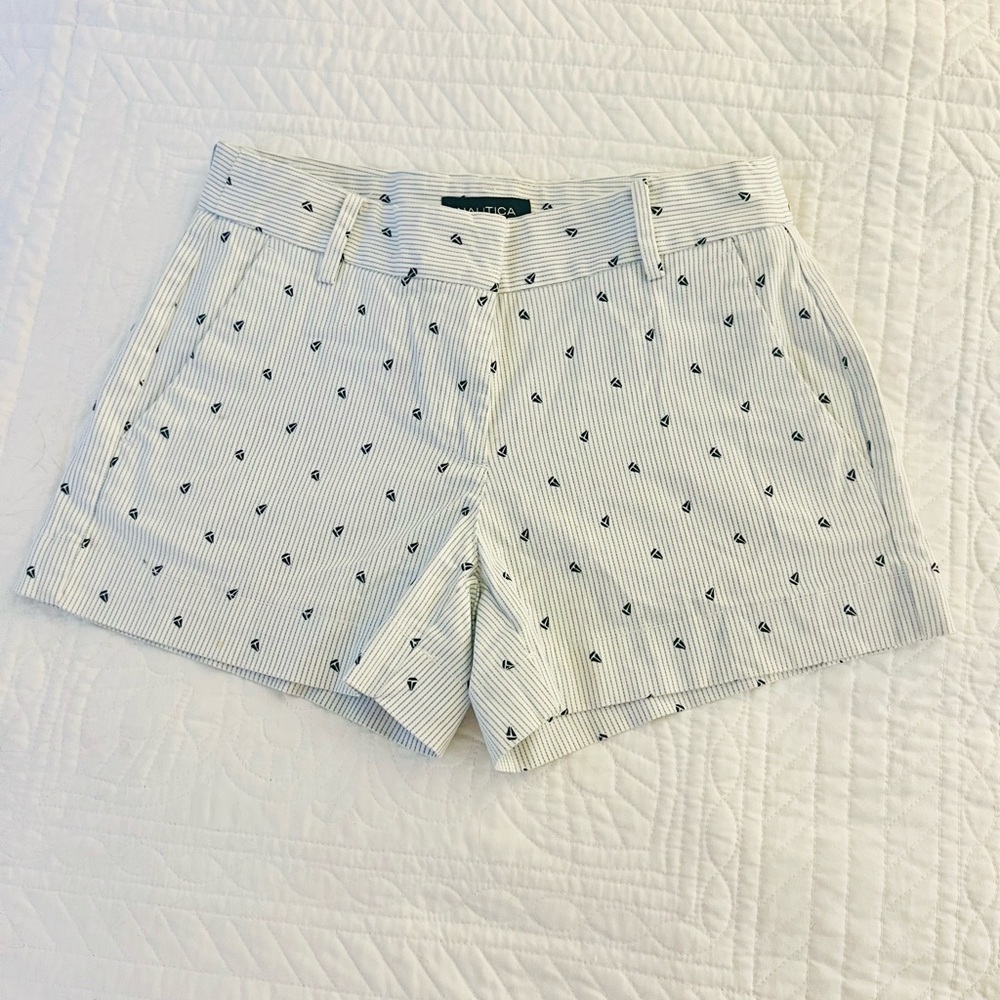Nautica White Pinstripe Shorts with Navy Sailboat Print